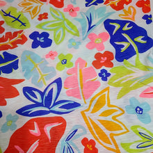 Load image into Gallery viewer, Lightweight Cotton Knit Fabric, Pretty Tropical Print, Slub Knit Look. Fun Lightweight 2-way stretch Fabric. Sold by the 1/2 yard
