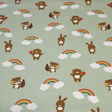 Load image into Gallery viewer, Cotton Spandex European Knit Fabric, Fun Fabric For Kids, Rainbows Raccoons. Nice Quality Soft Fabric, 4-way Stretch. Sold by the 1/2 yard.
