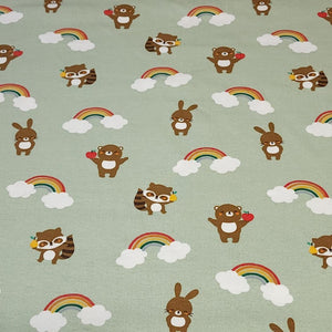 Cotton Spandex European Knit Fabric, Fun Fabric For Kids, Rainbows Raccoons. Nice Quality Soft Fabric, 4-way Stretch. Sold by the 1/2 yard.