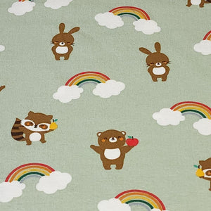 Cotton Spandex European Knit Fabric, Fun Fabric For Kids, Rainbows Raccoons. Nice Quality Soft Fabric, 4-way Stretch. Sold by the 1/2 yard.