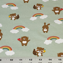 Load image into Gallery viewer, Cotton Spandex European Knit Fabric, Fun Fabric For Kids, Rainbows Raccoons. Nice Quality Soft Fabric, 4-way Stretch. Sold by the 1/2 yard.
