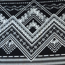 Load image into Gallery viewer, Rayon Challis Fabric. Black and White Boho Print. A Very Nice Light and Flowing Fabric. Nice Rayon Woven Fabric. Sold by the 1/2 yard
