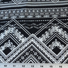 Load image into Gallery viewer, Rayon Challis Fabric. Black and White Boho Print. A Very Nice Light and Flowing Fabric. Nice Rayon Woven Fabric. Sold by the 1/2 yard
