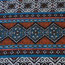 Load image into Gallery viewer, Rayon Challis Fabric. Blue, Brown and Terra Cotta Orange Boho Print. Nice Flowing Fabric. Pretty Rayon Woven Fabric. Sold by the 1/2 yard
