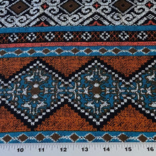 Load image into Gallery viewer, Rayon Challis Fabric. Blue, Brown and Terra Cotta Orange Boho Print. Nice Flowing Fabric. Pretty Rayon Woven Fabric. Sold by the 1/2 yard
