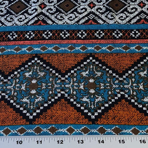 Rayon Challis Fabric. Blue, Brown and Terra Cotta Orange Boho Print. Nice Flowing Fabric. Pretty Rayon Woven Fabric. Sold by the 1/2 yard