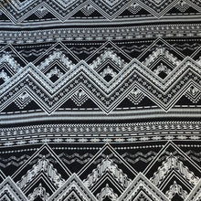 Load image into Gallery viewer, Rayon Challis Fabric. Black and White Boho Print. A Very Nice Light and Flowing Fabric. Nice Rayon Woven Fabric. Sold by the 1/2 yard
