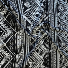 Load image into Gallery viewer, Rayon Challis Fabric. Black and White Boho Print. A Very Nice Light and Flowing Fabric. Nice Rayon Woven Fabric. Sold by the 1/2 yard
