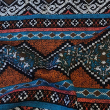 Load image into Gallery viewer, Rayon Challis Fabric. Blue, Brown and Terra Cotta Orange Boho Print. Nice Flowing Fabric. Pretty Rayon Woven Fabric. Sold by the 1/2 yard
