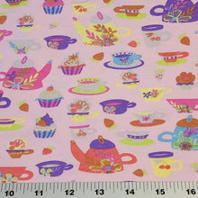 Load image into Gallery viewer, Fun Tea Party Fabric on Pink, Cotton Spandex Euro Jersey Knit Fabric, Quality Organic Soft Fabric, 4-way stretch. Sold by the 1/2 yard.
