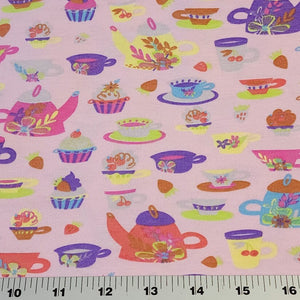 Fun Tea Party Fabric on Pink, Cotton Spandex Euro Jersey Knit Fabric, Quality Organic Soft Fabric, 4-way stretch. Sold by the 1/2 yard.