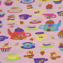 Load image into Gallery viewer, Fun Tea Party Fabric on Pink, Cotton Spandex Euro Jersey Knit Fabric, Quality Organic Soft Fabric, 4-way stretch. Sold by the 1/2 yard.
