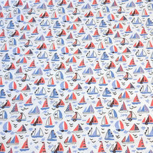 Load image into Gallery viewer, Fun Red, White, and Blue Sail Boats. Cotton Spandex Euro Knit Fabric. Nice Quality Soft Fabric, 4-way Stretch. Sold by the 1/2 yard.
