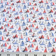 Load image into Gallery viewer, Fun Red, White, and Blue Sail Boats. Cotton Spandex Euro Knit Fabric. Nice Quality Soft Fabric, 4-way Stretch. Sold by the 1/2 yard.
