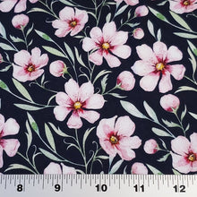 Load image into Gallery viewer, Organic Cotton Spandex European Knit Fabric, Very Pretty Floral Prins, Yellow, Gray, Blue, Organic Cotton 4-way stretch . Sold by 1/2 yard.
