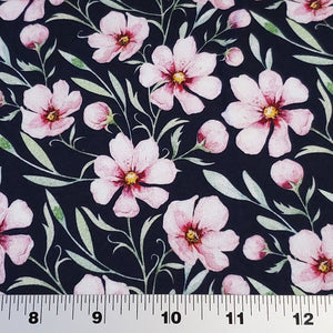 Organic Cotton Spandex European Knit Fabric, Very Pretty Floral Prins, Yellow, Gray, Blue, Organic Cotton 4-way stretch . Sold by 1/2 yard.