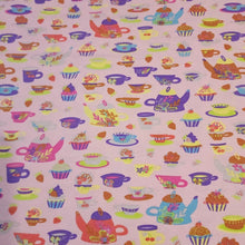 Load image into Gallery viewer, Fun Tea Party Fabric on Pink, Cotton Spandex Euro Jersey Knit Fabric, Quality Organic Soft Fabric, 4-way stretch. Sold by the 1/2 yard.
