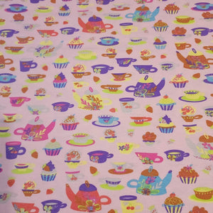 Fun Tea Party Fabric on Pink, Cotton Spandex Euro Jersey Knit Fabric, Quality Organic Soft Fabric, 4-way stretch. Sold by the 1/2 yard.