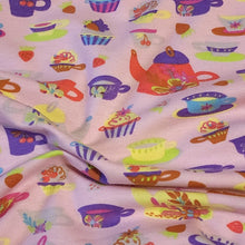 Load image into Gallery viewer, Fun Tea Party Fabric on Pink, Cotton Spandex Euro Jersey Knit Fabric, Quality Organic Soft Fabric, 4-way stretch. Sold by the 1/2 yard.
