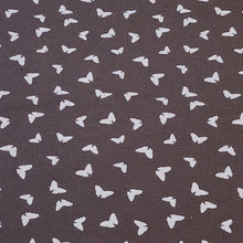 Load image into Gallery viewer, Butterfly fabric on Dusty Brown, Cotton Spandex Euro Knit Fabric, Fun and Soft Fabric, Quality Fabric, 4-way Stretch. Sold by the 1/2 yard.
