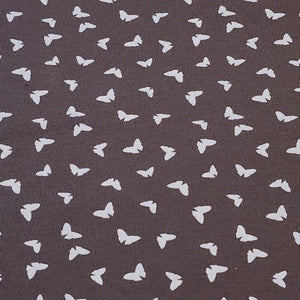 Butterfly fabric on Dusty Brown, Cotton Spandex Euro Knit Fabric, Fun and Soft Fabric, Quality Fabric, 4-way Stretch. Sold by the 1/2 yard.