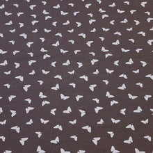 Load image into Gallery viewer, Butterfly fabric on Dusty Brown, Cotton Spandex Euro Knit Fabric, Fun and Soft Fabric, Quality Fabric, 4-way Stretch. Sold by the 1/2 yard.
