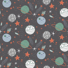 Load image into Gallery viewer, Knit Fabric For Kids European French Terry Knit: 4 Way Stretch Children&#39;s Fabric - Planets and Stars Galactic Space Design - 1/2 Yard
