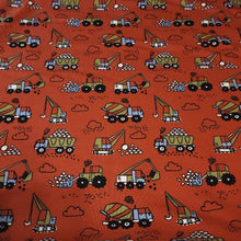 Load image into Gallery viewer, Knit Fabric Kid&#39;s Construction Fabric with Trucks - French Terry Knit, 4-Way Stretch Fabric from Europe - Sold by the 1/2 Yard
