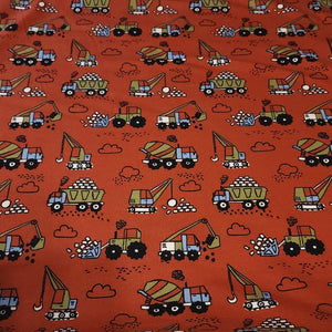 Knit Fabric Kid's Construction Fabric with Trucks - French Terry Knit, 4-Way Stretch Fabric from Europe - Sold by the 1/2 Yard