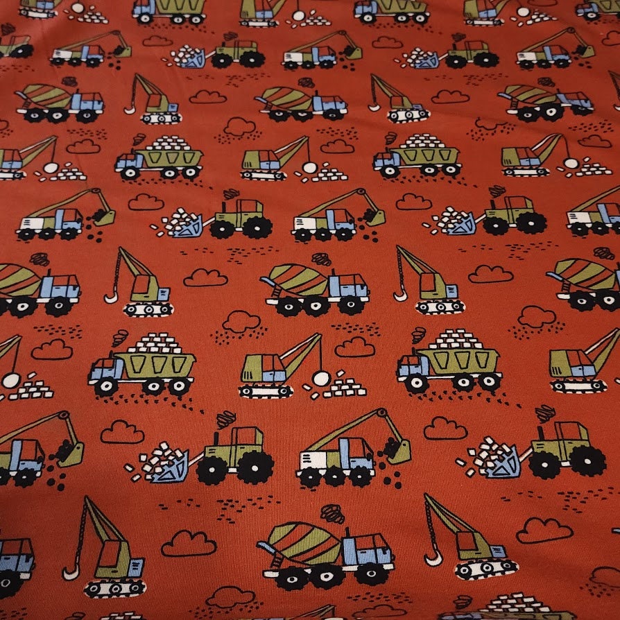 Knit Fabric Kid's Construction Fabric with Trucks - French Terry Knit, 4-Way Stretch Fabric from Europe - Sold by the 1/2 Yard