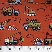 Load image into Gallery viewer, Knit Fabric Kid&#39;s Construction Fabric with Trucks - French Terry Knit, 4-Way Stretch Fabric from Europe - Sold by the 1/2 Yard
