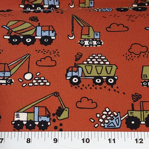 Knit Fabric Kid's Construction Fabric with Trucks - French Terry Knit, 4-Way Stretch Fabric from Europe - Sold by the 1/2 Yard