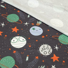 Load image into Gallery viewer, Knit Fabric For Kids European French Terry Knit: 4 Way Stretch Children&#39;s Fabric - Planets and Stars Galactic Space Design - 1/2 Yard
