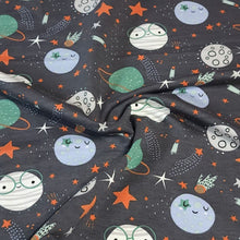 Load image into Gallery viewer, Knit Fabric For Kids European French Terry Knit: 4 Way Stretch Children&#39;s Fabric - Planets and Stars Galactic Space Design - 1/2 Yard
