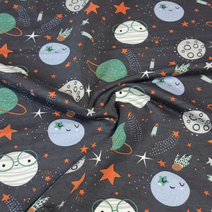 Knit Fabric For Kids European French Terry Knit: 4 Way Stretch Children's Fabric - Planets and Stars Galactic Space Design - 1/2 Yard