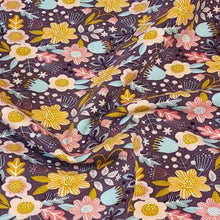 Load image into Gallery viewer, Floral Organic Knit Fabric Cotton Knit Purple Floral Spandex Print From Europe, Jersey Knit 4 Way Stretch Fabric, Sold by the 1/2 Yard.
