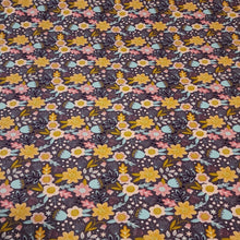 Load image into Gallery viewer, Floral Organic Knit Fabric Cotton Knit Purple Floral Spandex Print From Europe, Jersey Knit 4 Way Stretch Fabric, Sold by the 1/2 Yard.
