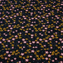 Load image into Gallery viewer, Organic Dainty Pink Floral Print on Black Jersey Knit 4 Way Stretch Fabric from Europe: Cotton Spandex Blend, Sold by the 1/2 Yard
