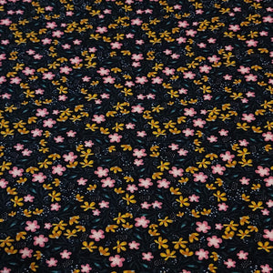 Organic Dainty Pink Floral Print on Black Jersey Knit 4 Way Stretch Fabric from Europe: Cotton Spandex Blend, Sold by the 1/2 Yard