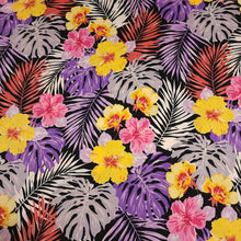 Load image into Gallery viewer, Cotton Stretch Poplin Fabric Tropical Hawaiian Yellow Purple and Pink Hibiscus Floral Print Woven Stretch Fabric, Sold by the 1/2 Yard
