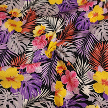 Load image into Gallery viewer, Cotton Stretch Poplin Fabric Tropical Hawaiian Yellow Purple and Pink Hibiscus Floral Print Woven Stretch Fabric, Sold by the 1/2 Yard
