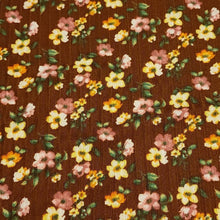 Load image into Gallery viewer, Rib Knit Fabric Brown Rib Knit Fabric with Yellow and Pink Floral Print on Ribbed Poly Spandex 4 Way Stretch Fabric. Sold by the 1/2 Yard.
