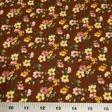 Load image into Gallery viewer, Rib Knit Fabric Brown Rib Knit Fabric with Yellow and Pink Floral Print on Ribbed Poly Spandex 4 Way Stretch Fabric. Sold by the 1/2 Yard.
