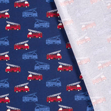 Load image into Gallery viewer, Cotton Knit Fabric Red FIre Truck on Blue Knit Fabric - Ideal for Children&#39;s Apparel, European Quality, 4 Way Stretch - Sold by the 1/2 yard
