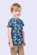 Load image into Gallery viewer, Cotton Knit Fabric With Dinosaurs on Boats Fabric, Ideal for Children&#39;s Apparel, European Quality, 4 Way Stretch - Sold by the 1/2 yard
