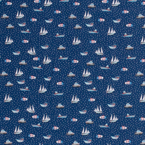 Cotton Knit Fabric Boats at Sea Sailboat Motor Boat, Ideal for Children's Apparel, European Quality, 4 Way Stretch - Sold by the 1/2 yard