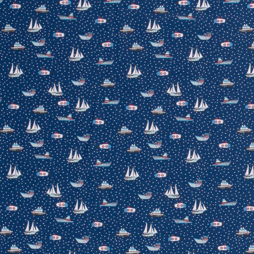 Cotton Knit Fabric Boats at Sea Sailboat Motor Boat, Ideal for Children's Apparel, European Quality, 4 Way Stretch - Sold by the 1/2 yard