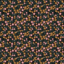 Load image into Gallery viewer, Organic Dainty Pink Floral Print on Black Jersey Knit 4 Way Stretch Fabric from Europe: Cotton Spandex Blend, Sold by the 1/2 Yard
