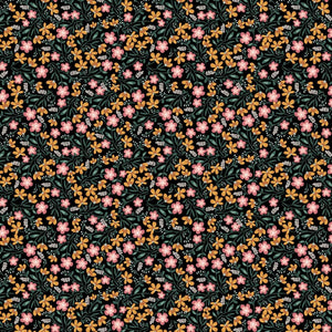 Organic Dainty Pink Floral Print on Black Jersey Knit 4 Way Stretch Fabric from Europe: Cotton Spandex Blend, Sold by the 1/2 Yard