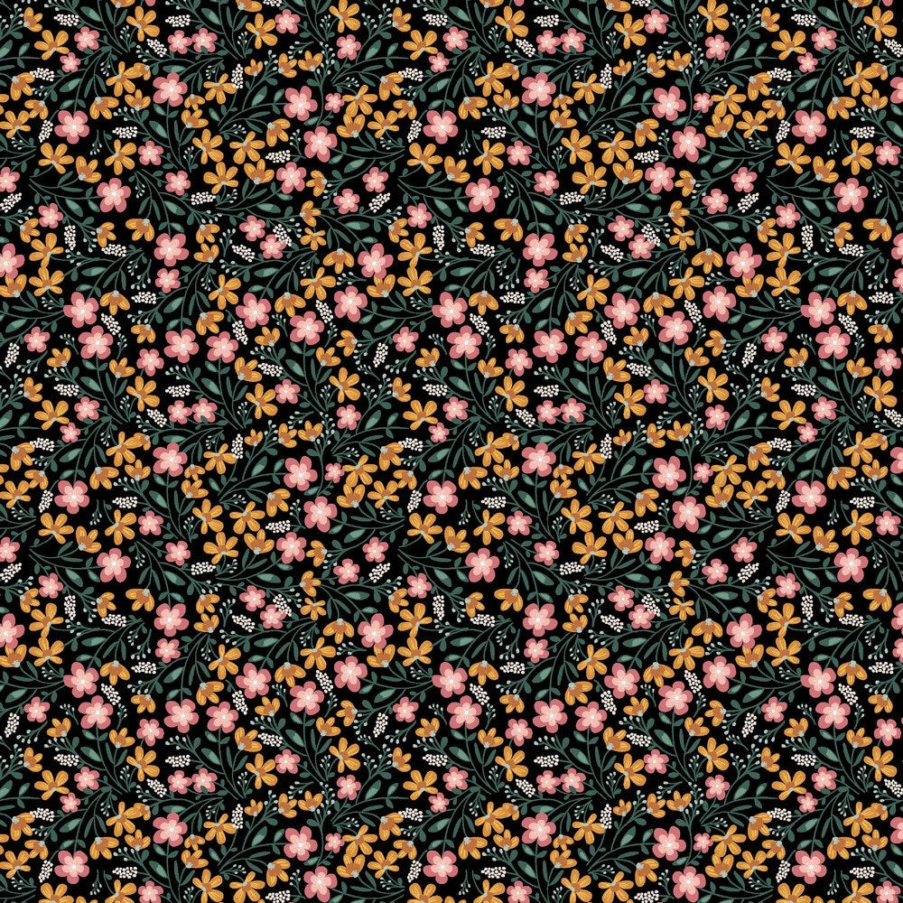 Organic Dainty Pink Floral Print on Black Jersey Knit 4 Way Stretch Fabric from Europe: Cotton Spandex Blend, Sold by the 1/2 Yard